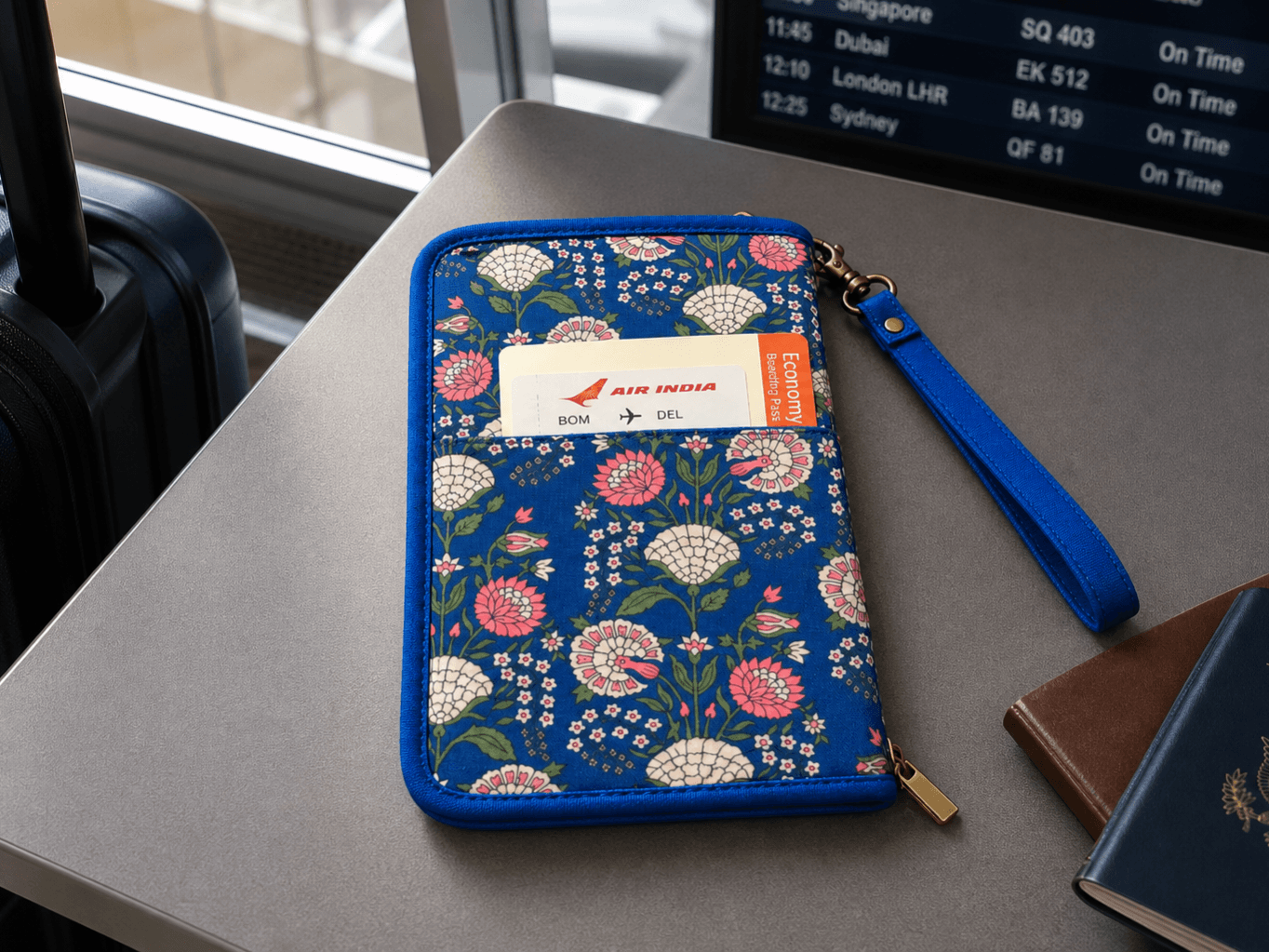Floral Travel Document Organizer Wallet with Wrist Strap