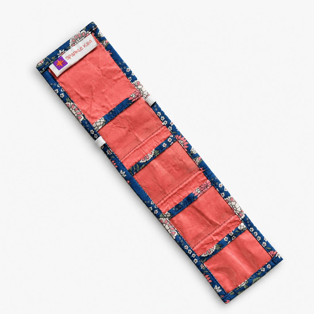 Foldable Blue Floral Hanging Jewelry Organizer with Four Sections