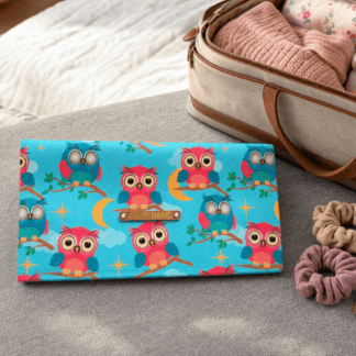 Foldable Hair Accessory Organizer with Owl Print and Clear Zipper Pocket