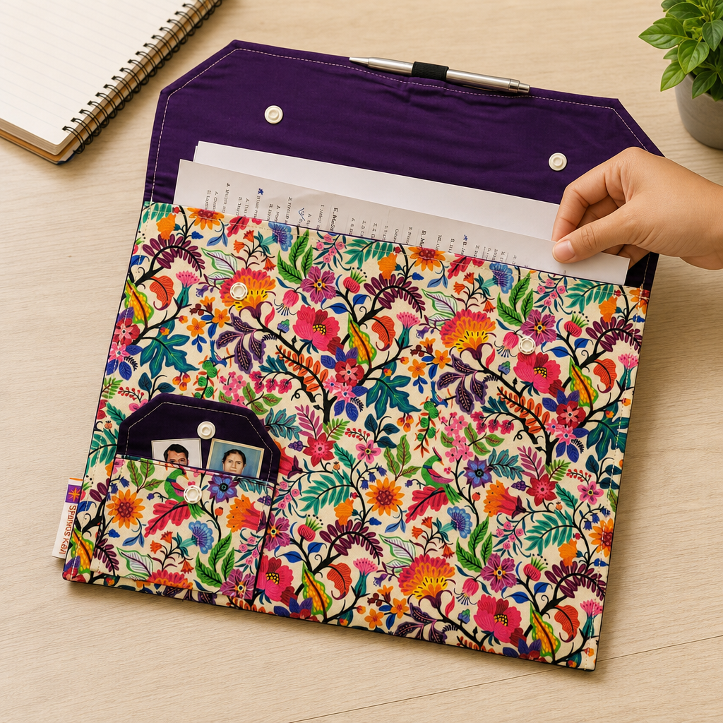 Handmade Floral A4 File Folder with Pen Holder and Photo Pocket