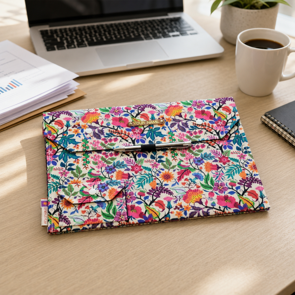 Handmade Floral A4 File Folder with Pen Holder and Photo Pocket