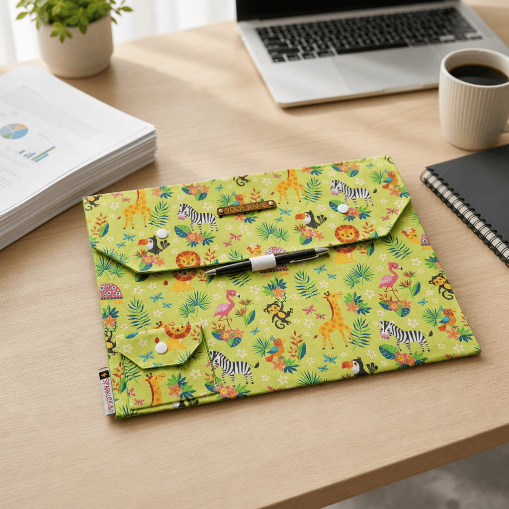 Closed lime fabric A4 file folder with colorful jungle animals, two white snap closures, a centered pen holder with pen, and a small front snap pocket.