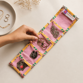 Travel Jewellery Roll with 4 Clear Pockets, Yellow Floral Organizer
