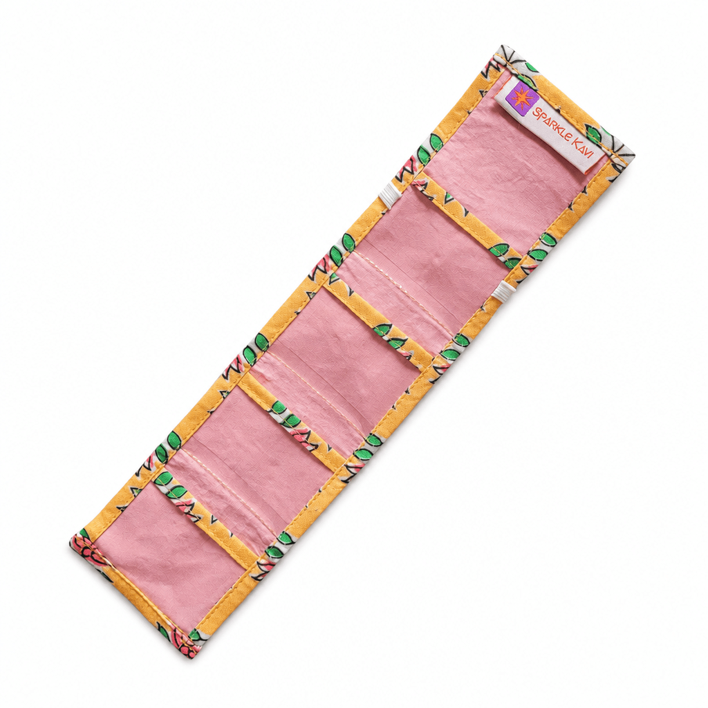 Travel Jewellery Roll with 4 Clear Pockets, Yellow Floral Organizer