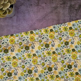 Green Floral on Yellow Fabric Print