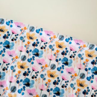 Pink and Blue Floral on white Fabric Print