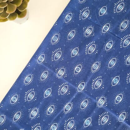 White Evil Eye on Navy Blue Fabric Print