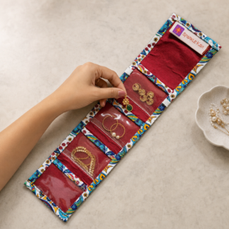 Pocket Jewellery Organizer – Paisley Travel Roll with Clear Pockets