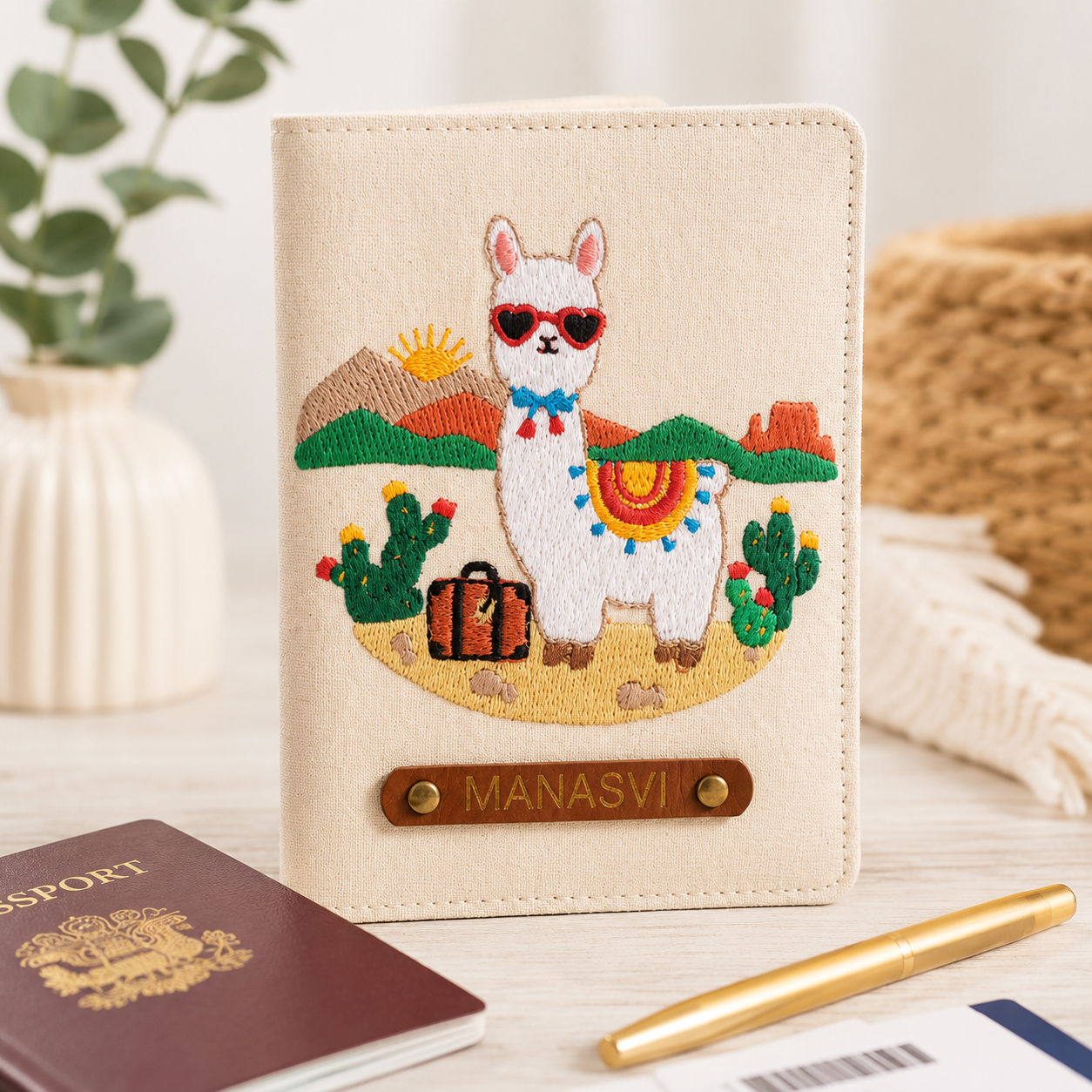 Embroidered Llama Passport Cover with Nameplate